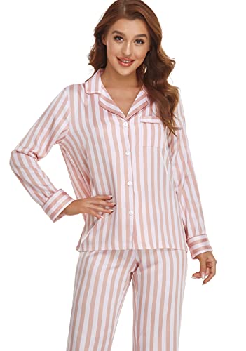 Image of Serenedelicacy Women's Satin Pajama Set Long Sleeve Button Down Sleepwear 2-Piece Silky Pj Set