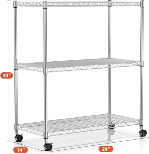 Image of Simple Deluxe Heavy-Duty 3-Tier Rolling Shelving Unit, Adjustable Steel Wire Shelf, 24.02 inch W x 13.78 inch D x 29.92 inch H, 750 lbs Capacity, Chrome Metal Storage Rack for Kitchen