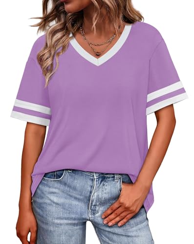 Image of WIHOLL Womens T Shirts Loose Fit Short Sleeve Tees V Neck Color Block Summer Tops 2026 Fashion S-4XL