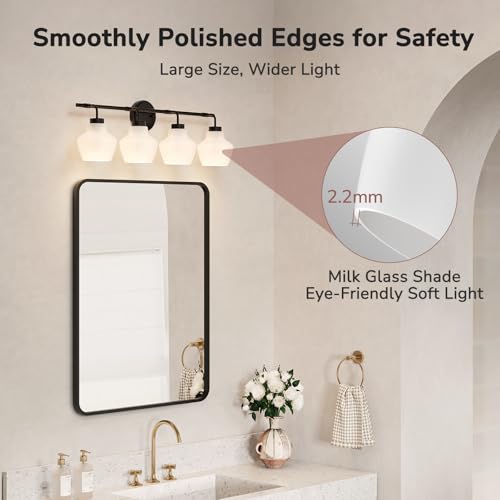Image of USHOWER 4-Light Bathroom Light Fixtures, Vanity Lights with White Frosted Glass Shades, Modern Black Vanity Lights for Bathroom, Mirror, Living Room, Bedroom, Hallway, E26 Base (Bulbs Not Included)