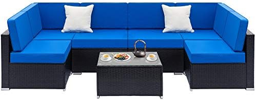 Bonnlo 7 Piece Wicker Outdoor Patio Furniture Set, All Weather Rattan Outdoor Sectional Sofa Set, Patio Conversation Set with Cushion and Glass Table (Black)