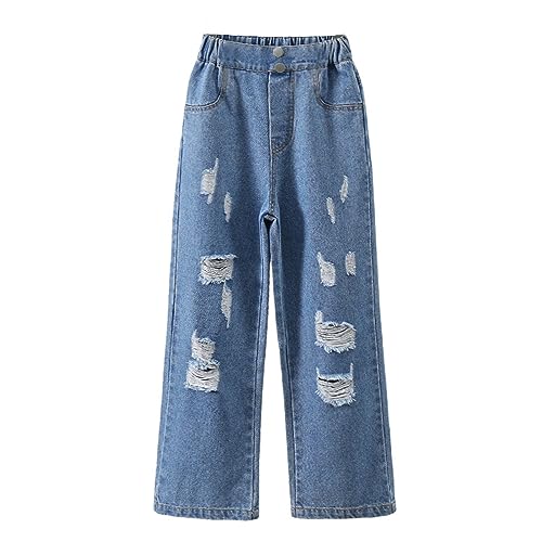 Kids Girls Ripped Jeans Wide Leg Denim Pants Elastic Waist Summer Casual Jeans4