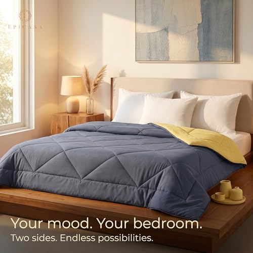 Image of Epicasa Reversible Comforter | 200 GSM Thermal Bonded Fill | 110 GSM Micro Peach Fabric | All Season AC Quilt | Diamond Quilted | Lightweight Duvet Blanket for Home Bedroom | Cool Grey & Butter Yellow