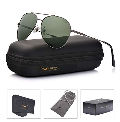 LUENX Mens Womens Sunglasses Polarized Non-Mirrored Grey Green Lens Gun Metal Frame UV400