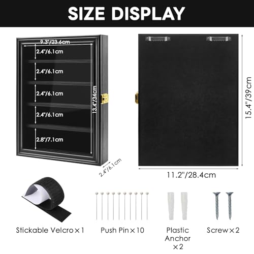 Image of Military Challenge Coin Display Shadow Box Holds Up to 70 Coins, Lockable Wall-Mounted Cabinet for Medals, Pins, Patches & Ribbons, Removable Shelves, Pinnable Velvet Backing, UV Acrylic Door(Black)