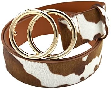 Cow Print Western Leather Belt for Women, Fashion Double O-Ring Soft Women’s Waist Belt Cowgirl Adjustable Animal Print Belt for Jeans Pants Dresses (X-Large, White Brown)