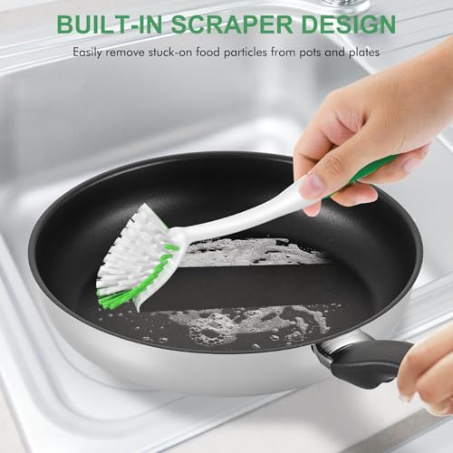 Image of SetSail Dish Brush with Handle, 2 Pack Stiff Bristles Dish Scrubber with Built-in Scraper Dish Scrub Brushes for Cleaning Dishes, Pots and Pans, Kitchen Sink, Green