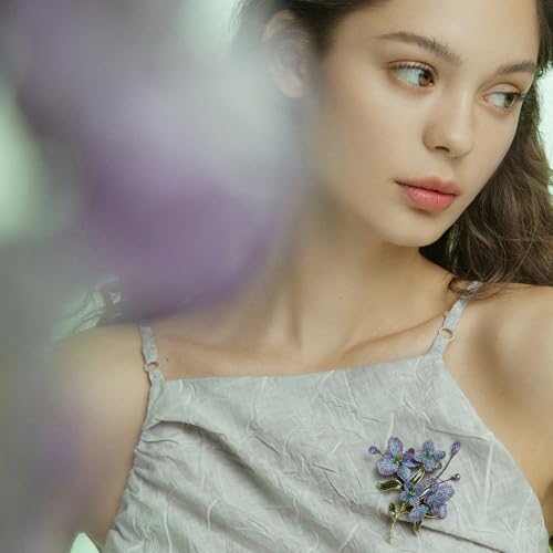 Image of Forget me not Flower Brooch Handmade Gold Thread Embroidered and hand-Drip Enamel leaf, Gradient Botanical Floral Brooch pins for women, SHE'S FREE STYLE JUST FOR YOU [Bencao Gangmu Series]Vintage Plant Jewelry