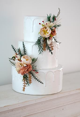 Set de dos toppers para pastel de boda con flores artificiales miniatura 6