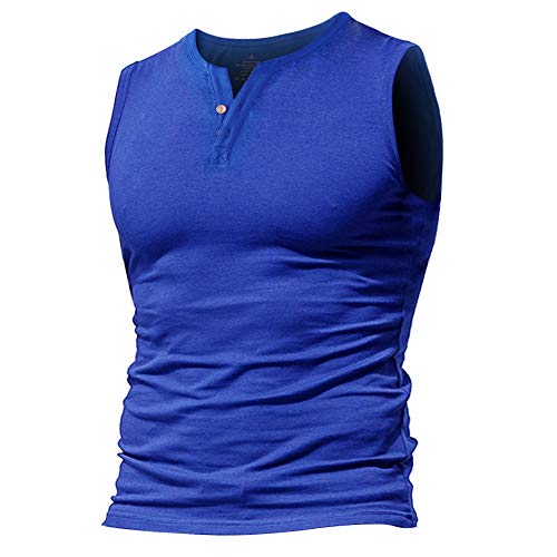 GYMAPE Mens Sleeveless Henley Tank Tops with 2 Button v Neck Athletic Tank Shirt Cotton Blue M