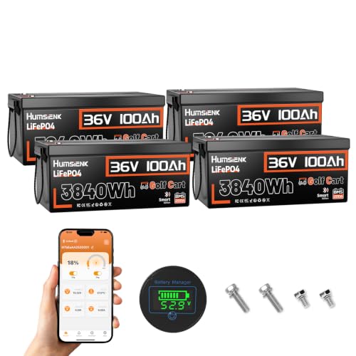 Image of 4 Pack 36V 100Ah Golf Cart Battery, 200A BMS (600A Peak), Bluetooth & Dashboard Meter, 3.84kWh Deep Cycle LiFePO4, 68.7lbs Drop-in Replacement for 6x 6V Batteries, EZGO TXT, Club Car DS