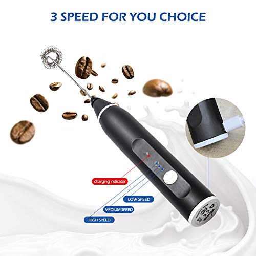 Milk Frother Handheld Electric Milk Foamer USB Rechargeable 3 Speeds Coffee Foam Maker with Egg Whisk Drink Mixer Mini Blender Perfect for Coffee Cappuccino Matcha Hot Chocolate