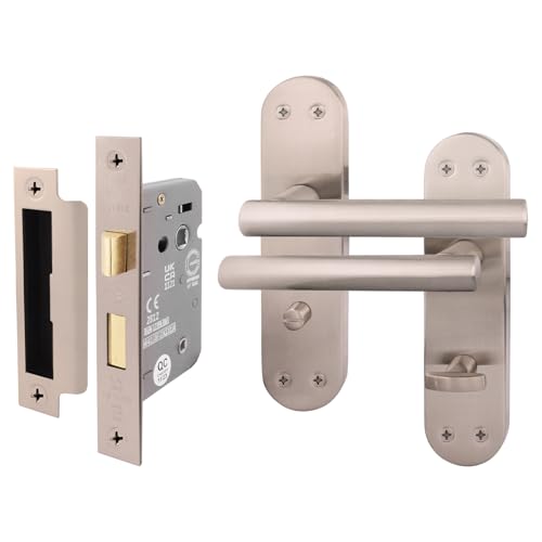 EAI Satin Bathroom Door Handle Set | 1 Pair of Satin Nickel Internal T-Bar Handles on Backplate with Lock (64mm) | Oliena Range