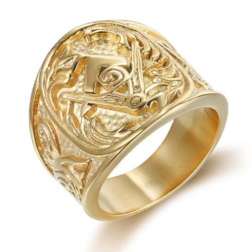 Fachoice Anillo Masónico Retro Oro para Hombres Clásico Símbolo Masónico Banda Elegante Vintage Mason Brújula Joyería, Acero inoxidable, Sin piedras preciosas