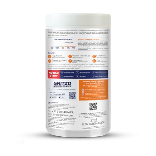 Image of Gritzo SuperMilk Growth+ (10-12y Girl), Strawberry Swirl, 400g | 12g Protein with 20 Vitamins & Minerals | Zero Refined Sugar