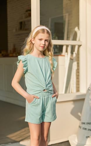 Image of Arshiner Girls Shorts Sets 2 Pieces Outfits Twist Front Ruffle Sleeve T-Shirts and Shorts With Pockets Cute Clothes Sets