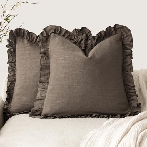 Image of Foindtower Set of 2 Decorative Soild Fringe Ruffle Throw Pillow Covers Soft Boho Farmhouse Cushion Cover Cozy Accent Retro Pillowcase for Couch Sofa Bed Living Room Home Decor,20x20 Inch,Dark Brown
