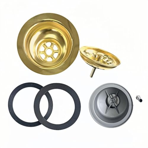 114 mm goldenes Abfluss-Set, Spüle-Kollektion, Edelstahl und PVC, Küchenspüle, Korb, Sieb, Stöpsel, Abfallkorb, Abflusskorb, Abfluss, G1½