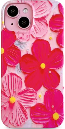 Coque iPhone 15 rose à motif fleur peinture à l'huile