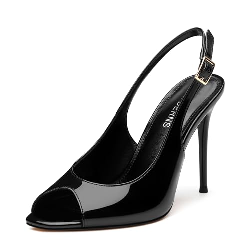WAYDERNS Peep Toe High Heels for Women Slingback V Peep Toe Women's Pumps Patent Leather Stiletto Heels Sling Back Thin Heels Bride Party Clubbing Dress Shoes with 4 Inch Heel