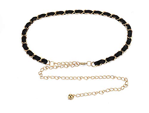 sourcingmap Femme Ton Doré Métal Losange Chaînes Fin Ceinture Ceinture Ceinture Noir-3 Taille unique