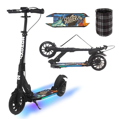 CUIOT Kick Scooter for Kid Ages 6+,Teens & Adults w/Light Up Deck, Adjustable Handlebar, Foldable Big Wheels Scooter, Commuter Adult Scooters with Hand Brake & Shock Absorption, Max Load 300 LBS,Blac