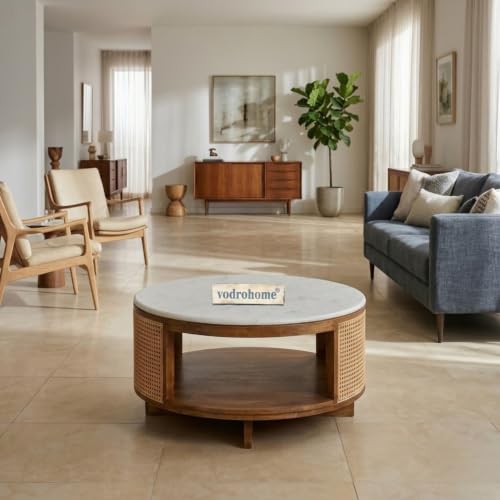 Image of Cane Solid Wood Coffee Table with Marble top- Rattan Round Centre Table with Storage - Ideal Tea Table for Living Rooms C#040