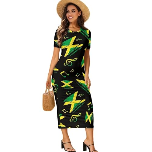 Drnuikhe Jamaican Flag Print Round Neck Short Sleeve Dress for Womens Jamaica Party Sexy Bodycon Dresses Lady