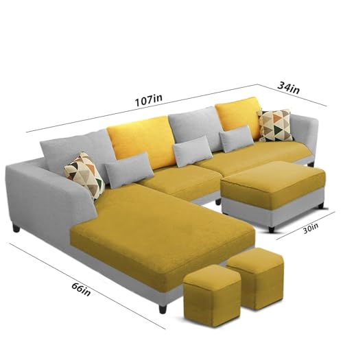 Image of Galib LHS 8 Seater L Shape Sofa Set for Living Room (Yellow Grey Fabric) Premium Fabric Sofa