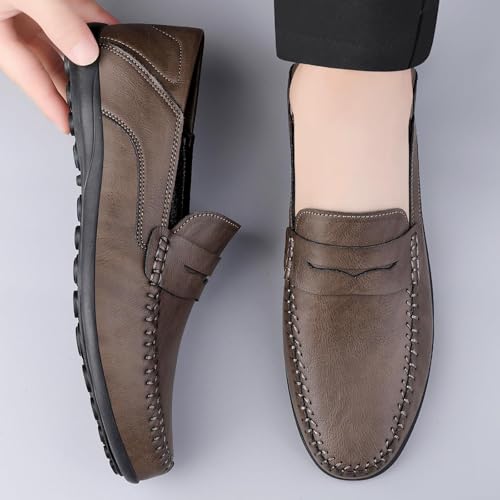 Mocasines de cuero retro para hombre con diseño liso e impermeable en gris 7