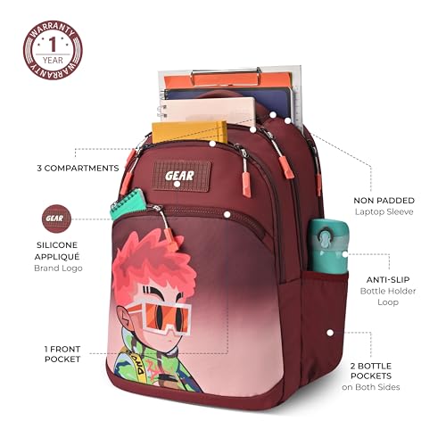Image of Gear Tango Backpack 17 inch /29L Medium Water Resistant School Bag /Casual Backpack /Daypack /Kids Bag for Boys /Girls (Maroon-Orange)