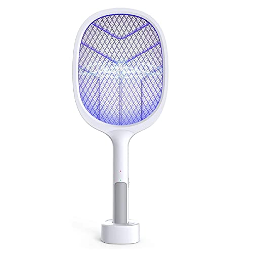 Raqueta Matamoscas Eléctrica 3500V con Dos Modos, Mata Mosquitos Electrico USB Recargable con Base, Antimosquitos con Lámpara UV de Malla Protección de Tres Capas, Ideal para Uso Interior y Exterior