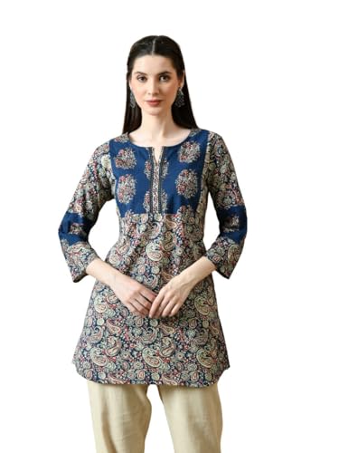 Image of Amazon Brand - Tavasya Women Floral Printed Round Neck Kurta | Everyday Ethnic Wear | 3 /4th Sleeve Top