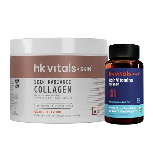 Image of hk vitals Hair Multivitamin with DHT Blockers, Omega & Biotin & Helps Reduce Hair Fall, 30 Multivitamin Capsules with Skin Radiance Collagen Supplement with Biotin, Orange, 100 g