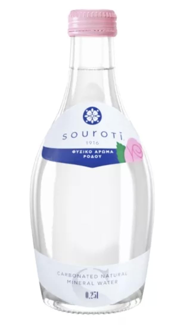 SOUROTI Natural Carbonated Mineral Water, Rose Flavor, 0.25L Glass Bottle