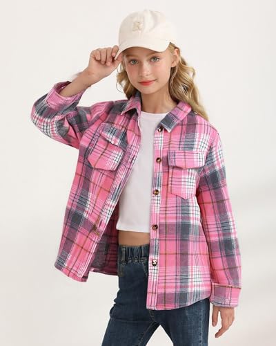 Girls Long Sleeve Flannel Shirts Button Down Plaid Jackets Collared Pockets Blouses Tops Fall Winter Clothes 7-14Y4