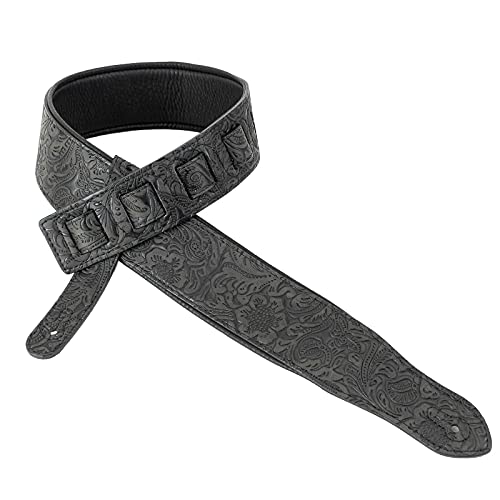 Walker & Williams G-974 Dark Grey Tooled Guitar Strap With Soft Padded Back #TOP13