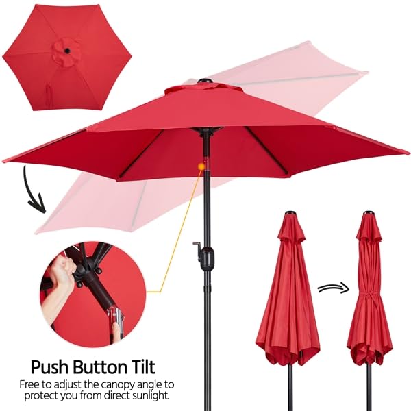 Yaheetech Parasol przeciwsłoneczny, ogrodowy, Ø 230 cm, parasol balkonowy z 6 żebrami, okrągły, ochrona przed słońcem, na taras, na balkon, czerwony