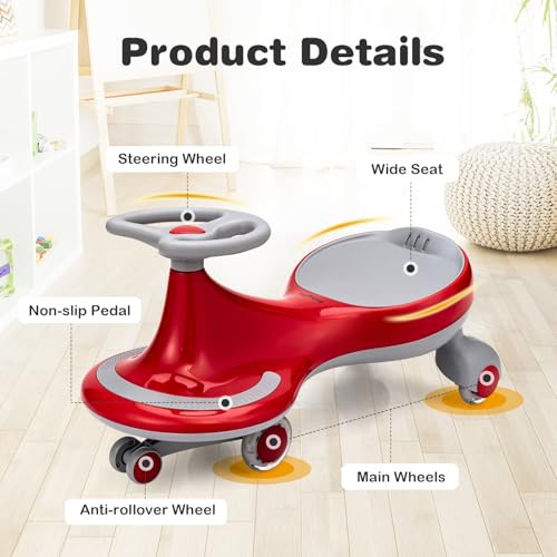 Image of HONEY JOY Wiggle Car, 2 in 1 Swing Car for Kids, LED PU Flashing Wheels, No Batteries, Gears or Pedals, Uses Twist, Turn, Ride On Toy for Toddlers Boys Girls 3 Years and Up (Red)
