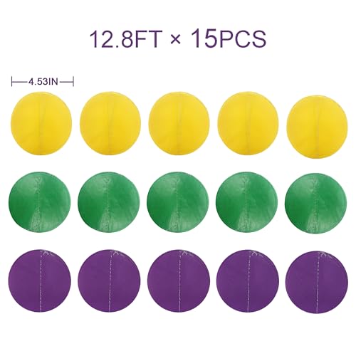 Image of 205 Ft Mardi Gras Party Decorations Purple Green Yellow Circle Dot Backdrop Garland Tissue Paper Polka Dots Hanging Streamer for Mardi Gras Birthday Wedding Baby Shower Masquerade Party Supplies