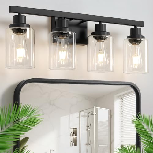 Image of 4-Light Bathroom Vanity Light, Modern Matte Black Wall Sconce Lighting with Clear Glass Shade, Bathroom Lighting Fixtures Over Mirror,Vintage Wall Mounted Lamps for Mirror Bedroom,Living Room