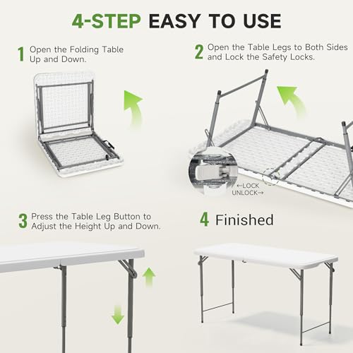 Ortus Collective Folding Table 4 Foot - 3-Position Adjustable Height, Heavy Duty 400 lbs Capacity - Portable Tables Folding for Camping, Party, Indoor & Outdoor Use, 1 Pack - Thumbnail 6