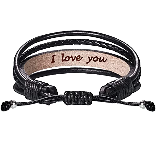 Leather Bracelets for Men Women Inspirational Gifts for Him Her Handmade Black Braided Motivational Birthday Gift for Boyfriend Husband Dad Anniversary Christmas Mens Stocking Stuffers