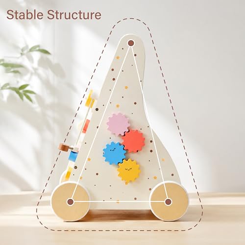 Image of Pillowhale Wooden Baby Walker with Wheels Montessori Activity Push Walker Toy for Toddlers Adjustable Speed & Activity Center for Girls Boys 12M+