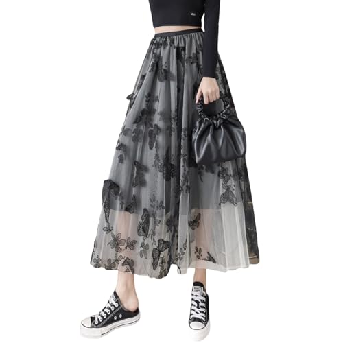 Women's Butterfly Double-Layer mesh midi Skirt Sheer Skirt Elastic high Waisted A-line midi Skirt