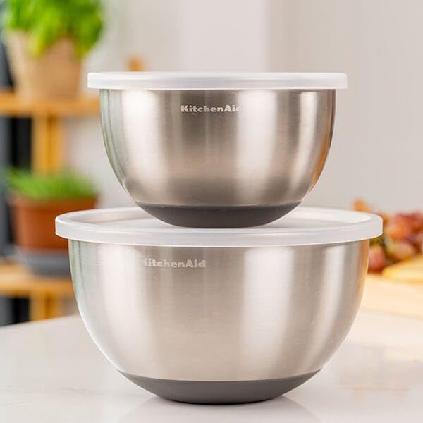 KitchenAid 2-teiliges Rührschüssel-Set mit Deckel, Edelstahl, rutschfester Boden, zum Backen, zur Zubereitung und Aufbewahrung von Lebensmitteln, langlebig, leicht zu reinigen, 17,5 cm und 22 cm