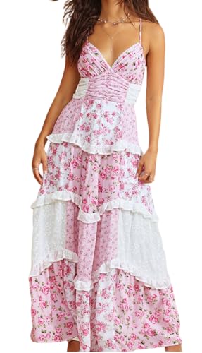ebossy Womens Lace Patchwork Floral Maxi Dress Spaghetti Strap Sexy Backless Ruffle Tiered Boho Beach Sundresses