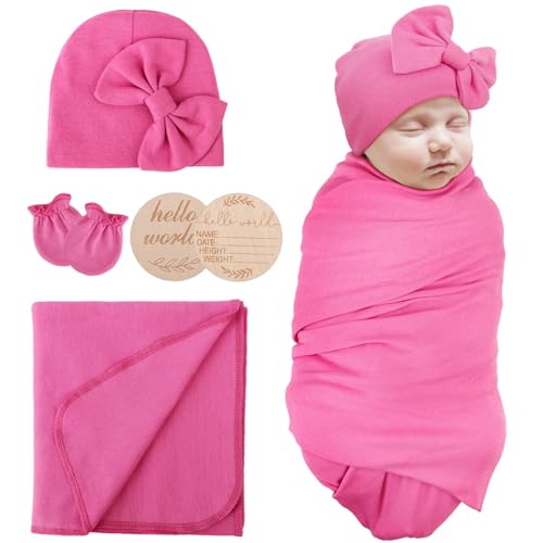Image of AQOKKA Newborn Receiving Blanket with Bow Hat Mittens Wooden Card Set Newborns Toddler Baby Boy Girl Nursery Swaddle Wrap