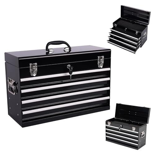 21" Metal Tool Box with 4 Lockable Drawers, Portable Tool Chest with Security Key Lock & Auto-Locking System, Smooth Ball Bearing Slides with EVA Liners for Garage, Warehouse & Workbench, Black