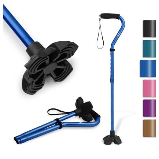 KINGGEAR F1 Walking Stick, Walking Cane for Women & Men with Wrist Strap, Lightweight & Sturdy Offset EVA Handle, Large Quad Base, Self Standing for Seniors and People with Injuries & Recovery